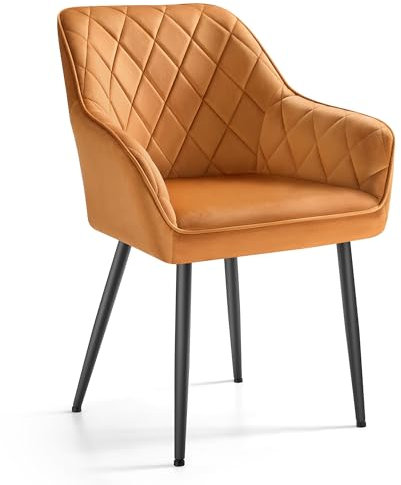 SONGMICS Esszimmerstuhl, Küchenstuhl, Sessel, Samt, Polsterstuhl mit Armlehnen, Loungesessel, bis 120 kg belastbar, Metallbeine, für Esszimmer, Küche, karamellbraun-tintenschwarz LDC088K01