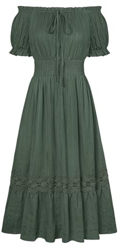 SCARLET DARKNESS Women Medieval Renaissance Long Dress Elastic Off Shoulder Short Puff Sleeve Vintage Victorian Maxi Dresses Olive Green L
