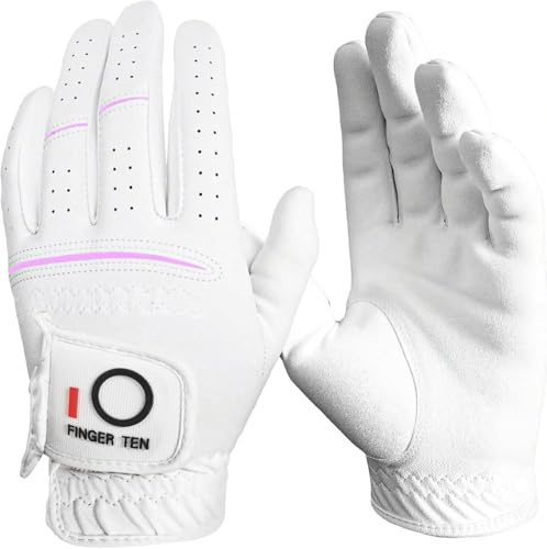 FINGER TEN Women's Golf Glove Left Hand Right Premium 1 Pack, Comfort Microfiber Glove All-Weather Fit for Right-Handed Left Golfers, Wet Hot Cool Rain Grip Weathersof for S M L XL (White, M, Left)