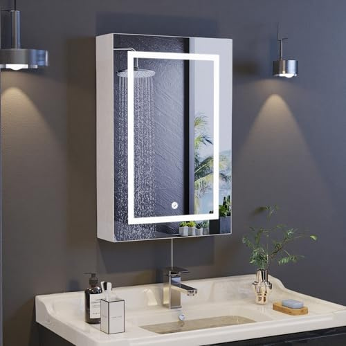 Armario con espejo de baño con iluminación, 50 x 70 cm, armario de baño con espejo y estante ajustable, armario colgante con 3 temperaturas de color, regulable e interruptor de sensor (50 x 70 cm)