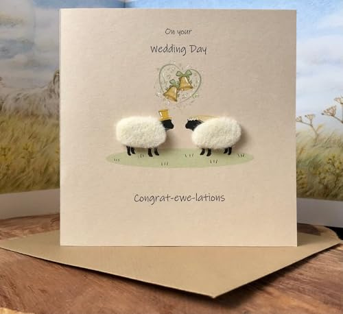 Handmade Wedding Card – Funny Sheep Design with Real Wool – Wedding Day Congratulations for Couple, Mr & Mrs, Bride & Groom – Keepsake – Blank Inside – 140mm x 140mm