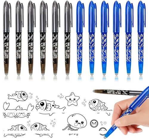 XWLEYW 12 Erasable Pens Black Blue, 0.6mm Friction Gel Pen for Writing, Rub Out Pens Eraser Pen for Kids Adults, Smooth Writing School Stationery for Notes, Editing, Paperwork