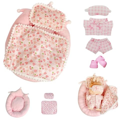 Girl's Doll Bedding & Pajama Set, 7-Piece Plush Doll Bed with Cherry Print Comforter Pillow and Bow Pajamas with Eye Mask Accessories for 17cm Dolls