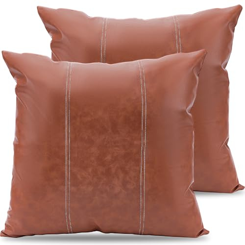 CALFOVERA Juego de 2 Funda de Cojín Marrón de Piel Sintética Sintética, Estilo Boho, Lisa, Decorativa, de 45 x 45cm de Grosor, Moderna, Vegana, para Sofá, Cama, Dormitorio Rústico.