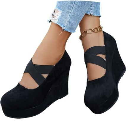 MEECHI Botines De Plataforma con Tacón De Cuña Botas De Transición De Primavera for Mujer 2026, Botines Vintage De Ante con Elástico Zapatos De Tobillo De Estilo Británico De Ocio(Black,39 EU)