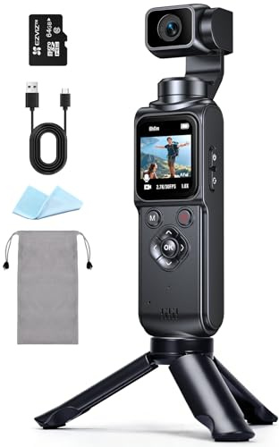 Ruycllo Cámara Deportiva, Cámara Vlog con CMOS 1,72'' – Estabilización de 2 Ejes, Pantalla Táctil 64MP con Tarjeta 64GB, Seguimiento de Caras/Objetivos, Cámara Compacta para Deportes y vlogging, Negro