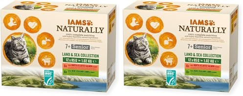 IAMS Naturally Nourriture Humide pour Chat Senior 12 sachets fraicheurs pour 2 Pâtées Terre/Mer en sauce - SANS SUCRE AJOUTE, OGM, protéines végétales, colorant, arôme artificiel - 12 x 85g (Lot de 2)