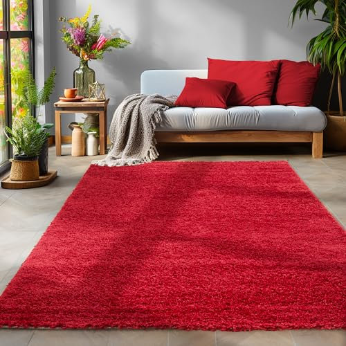 SIMPEX Flauschiger Teppich Wohnzimmer Schlafzimmer Läufer Flur Esszimmer Küchenteppich Hochflor Einfarbig Modernes Design 30 mm Florhöhe Kuschelweich, Rot, 100 x 200 cm