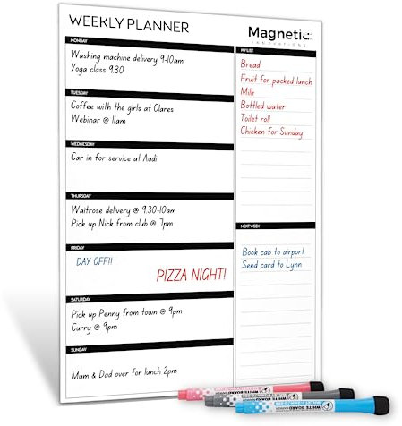 Magnetic Innovations A3 Magnetic Weekly Planner Fridge Whiteboard, Family Meal Planner and Shopping List - Memo Board for Appointments and Reminders