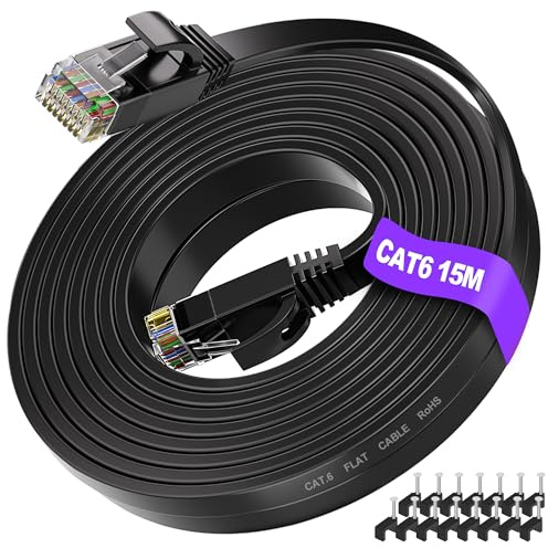 ikbc Ethernet Cable 15m, Cat 6 Flat Ethernet Cable 15m High Speed Internet Cable, Thin Lan Cable 15 meter 1Gbps 250MHz, Gigabit RJ45 15 m Network Cable for Router PS4/5 (15 Clips)