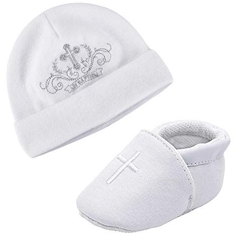 LACOFIA Scarpe da Battesimo con Suola Morbida Antiscivolo per Bambina con Cappello Ricamato neonata Bianco 3-6 Mesi