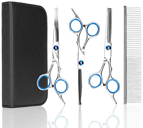 Nobleza Hundeschere Set Profi, Hunde Schere Runder mit Sicherheitsspitze, 4 in1 Edelstahl Fellschere Hunde Inkl Effilierschere, Gerade Schere, Gebogene Schere, für Hund Katze Haustier
