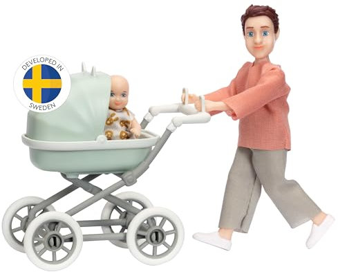 Lundby Puppen – Papa mit Baby (Biegepuppe) & Miniatur-Kinderwagen – Zubehör & Figuren – Maßstab 1:18