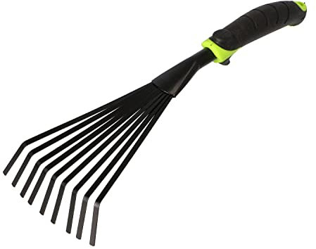 Mivos Rastrillo de Abanico Pequeño para Jardín - Escoba de Mano con 9 Dientes Flexibles para Hojas y Hierba – Rastrillo de Acero de Jardinería - Ancho de Trabajo 12 cm