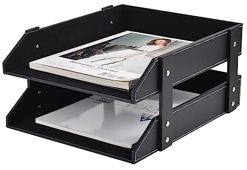 XNONE Leather Desk Organizer,2-Tier Stackable Letter Tray Holder,Office Supplies Desktop Storage Box for Document,Stationery,Magazines,Newspapers,Letters and Other Home Office Paper Sundries,Black