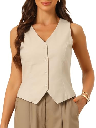Blazer sans Manches Femme Gilet Boutonné de Bureau Col en V