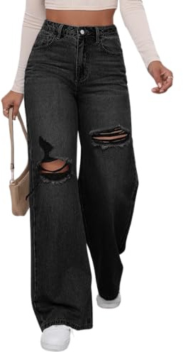 WDIRARA Women's High Waist Ripped Wide Leg Baggy Jeans Distressed Denim Pants Black Solid Medium