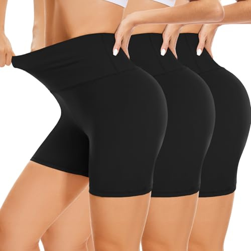 BLONGW Cycling Shorts Women- High Waisted Biker Shorts Tummy Control Black Yoga Gym Workout Athletic Running Sports Short Leggings UK（Black,S-M）