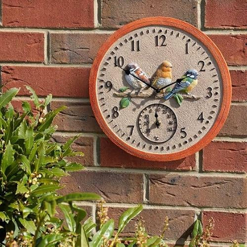 Garden Mile Gartenuhr und Thermometer, 30 cm, Vogel-Design, langlebige Quarz-Uhren, Outdoor-Wanddekoration, dekorative Wanduhr für Terrasse, Küche, Wohnzimmer-Dekor