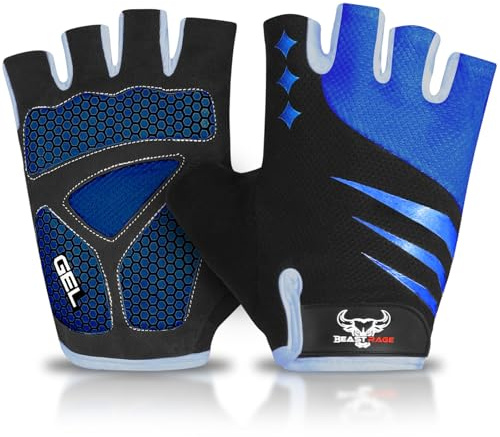 BEAST RAGE Guantes de Ciclismo de Medio Dedo para Hombres y Mujeres, Acolchados de Gel, Antideslizantes, absorción de Golpes, Guante de Gimnasio, Guantes de Bicicleta de montaña (Blue, M)