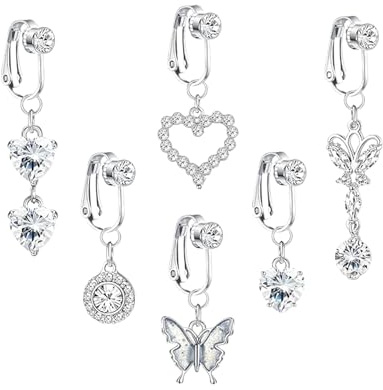Asheyya 6PCS Fake Belly Button Piercing, Clip On Belly Button Ring for Women Surgical Steel Navel Bars with Dangle Heart Butterfly Moon Demon Evil Eye