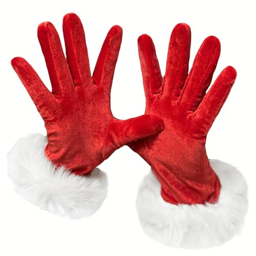 Women Red Short Velvet Gloves with White Furry Cuff Wrist Length Finger Gloves Christmas Santa Party Costume
