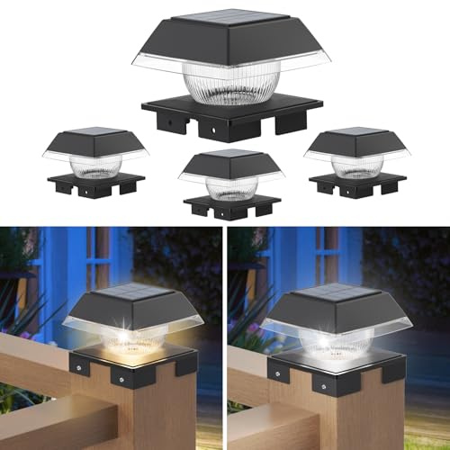 GEYUEYA Home Solar Post Lights,Solar Post Cap Lights,Warm/Cool White 2 Modes,Square Fence Post Lights Solar Powered for 3.5x3.5 to 5.5x5.5 inch Wooden Posts Deck Cap Patio Garden Decoration-4 Packs
