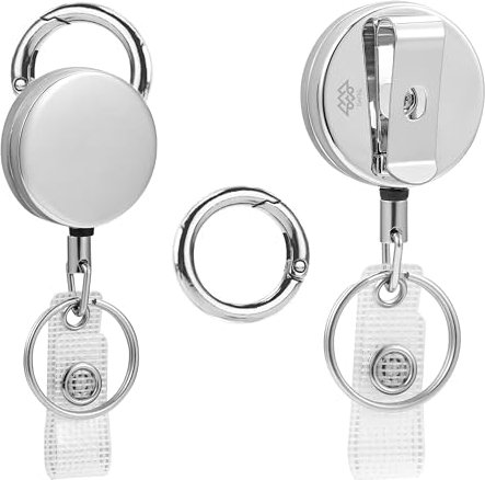 Dafiq Metall Schlüsselanhänger Ausziehbar – Karabiner & Schlüsselband für ID Badge Holder & Schlüssel | Zinklegierung, 70 cm Stahlseil, 30mm Rund | Farben: Silber & Grau (Silber)