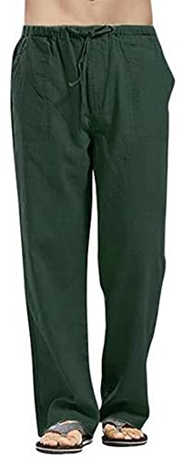 Pantaloncini da uomo in lino, colori solidi, casual, in cotone, estivi, per la spiaggia e lo yoga, larghi, a gamba dritta, con coulisse, Verde scuro, 5XL
