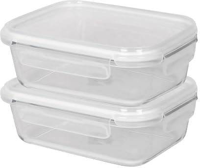 Harbour Housewares 1 Litre Glass Food Storage Containers with Lids - Clear/White - 2x Large Reusable Airtight Meal Prep Lunch Box Takeaway Cereal Pantry Tubs Set | Safe for Freezer and Microwave