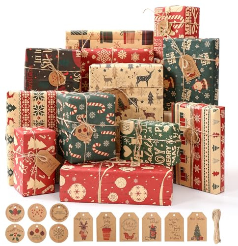 Papel Regalo Navidad - 12 Hojas Papel de Regalo Navidad Kraft 70x50cm, Envolver Regalos Navideños Infantil, Christmas Wrapping Paper con Etiquetas Regalos Navideños y Cuerda para Decoración Navideña
