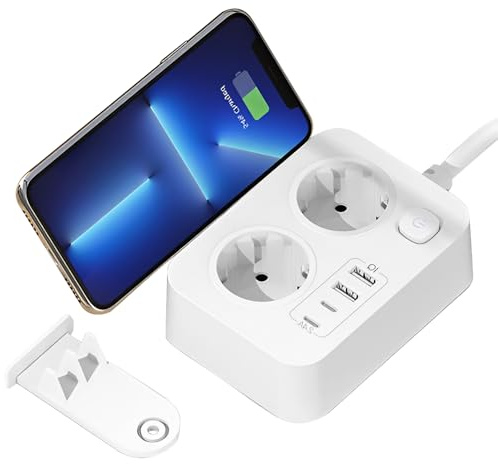 XUXLEKK Strömuttag, 6-i-1-grenuttag med USB-C, 20 W snabbladdning och överbelastningsskydd, strömbrytare och 4 USB-portar, förlängningskabel 2 m, grenuttag för hemmakontor och resor