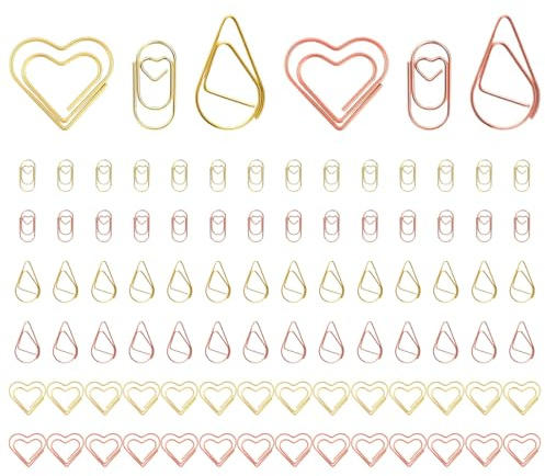 Juego de 90 clips para papel, clips en forma de corazón, clips en forma de lágrima, mini clips en forma de corazón, clips decorativos para bodas, postales y material escolar (oro rosa/oro)