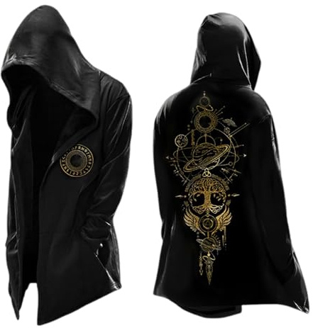 Cárdigan vikingo para hombre, diseño de mito nórdico, chaqueta medieval con capucha, estilo urbano, chaqueta de invierno desgastada, X01 Negro, 4XL