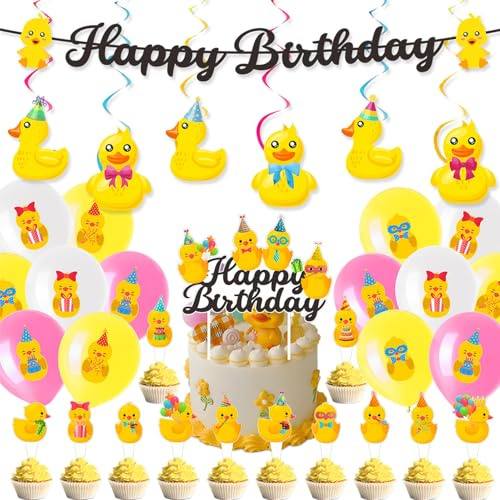 Juego de decoración de cumpleaños de patitos amarillos, 36 piezas, decoración de cupcakes, globos, banderines, decoraciones de cumpleaños infantiles, decoración de fiesta para amantes de los animales
