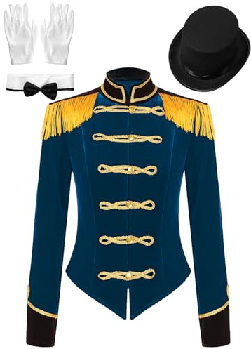 Miaeowve Costume da circo da donna in velluto giacca a maniche lunghe steampunk frack cappotto frange nappe smoking tuta giacca corta con fiocco guanti cappello costume costume carnevale blu scuro L