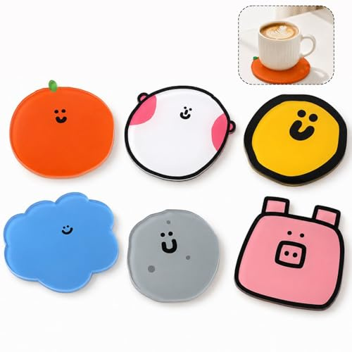 DCYQAIN 6 Pack Cute Animal Round Acrylic Coasters, Heat Resistant Drink Coaster Set with Cartoon Patterns, Table Protection Mats for Home Kitchen Office Desk Decor