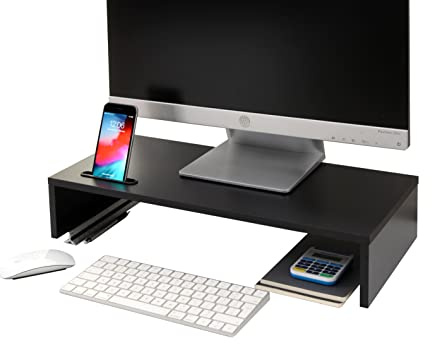 Ttap Black Wooden Monitor Single Shelf Stand Computer Laptop TV Screen Riser Desk Organiser 54cm L x 24.5cm D x 10.4cm H (with Smartphone Holder)