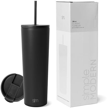 Simple Modern Vaso Termico con Pajita y Tapa | Taza Termica Café para Llevar Botella Agua de Acero Inoxidable | Regalos para Mujeres & Hombres | Classic | 830ml | Midnight Black