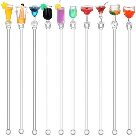 Haruida 10Pcs Cocktail Drinks Tropical Drink Stirrers Acrylic Cocktail Cute Cocktail Sticks Drink Mixer Bar Stirring Mixing with Colorful Miniature Accessory