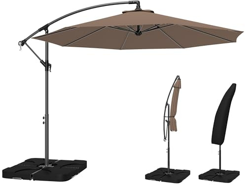 Outsunny 3 m Cantilever Parasol with Umbrella Weights, Cross Base, Offset Outdoor Umbrella with Protective Cover, Crank Handle, Hanging Sun Shade, Coffee