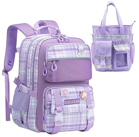 KEBEIXUAN Schulrucksack Mädchen Teenager Schulranzen Wasserdicht School Bag Backpack Casual Daypacks für Kinder Grundschüler Schüler im Alter von 6–12 Jahren(lila+Tragetasche)