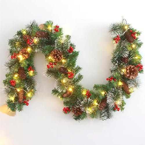 Meiruier Ghirlanda di Natale da 180 cm, ghirlanda di Natale con luci a LED, riutilizzabile, con pigna e ghirlande natalizie leggere, decorazioni per scale, caminetti e porte (verde)