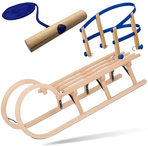 Explorer Colint Holzschlitten mit Rückenlehne für Kinder ab 1 Jahr und Erwachsene Set Schlitten Holz Hörnerschlitten mit 150cm Leine und Kunststoff/Holz Rückenlehne in Blau 110cm Alpina Fun