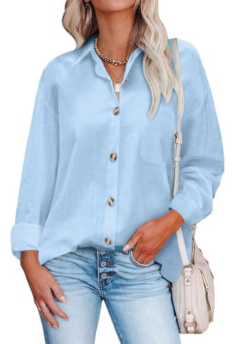 Hotouch Bluse Damen Lässiges Hemden Langarm Hemdbluse V-Ausschnitt Oberteile mit Knöpfen Casual Arbeit Shirt Lose Einfarbig Blusen Tops Blau M