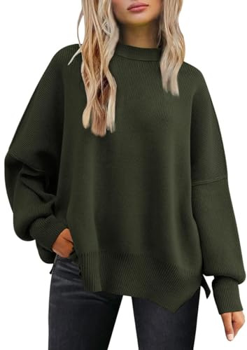 Tincini Women's Jumpers Winter Casual Crew Neck Knitted Sweaters Long Sleeve Loose Pullover with Side Slit Jumper Tops Sweatshirt (Army Green, M)