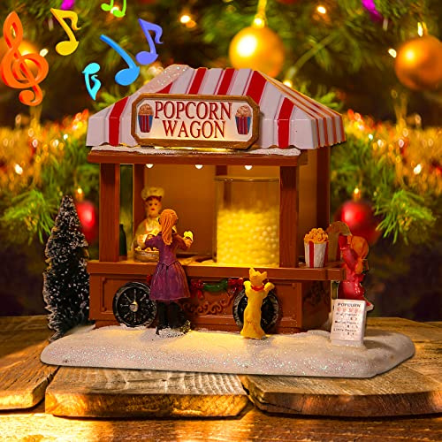 JOYOFXMAS Christmas Village Houses, LED Lighted Popcorn Village with 8 Music, Christmas Popcorn House Figurine Building Home Decor