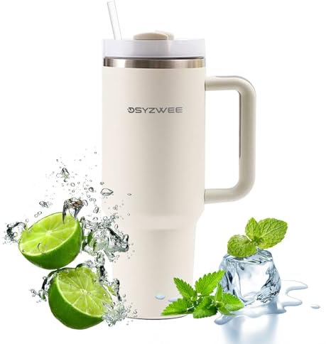 DSYZWEE 1200 ml Thermobecher 40 oz mit Strohhalm und Henkel - Doppelwandiger Edelstahl Vakuum Auslaufsicher Trinkbecher, Autobecher Tumbler Kaffeebecher Beige