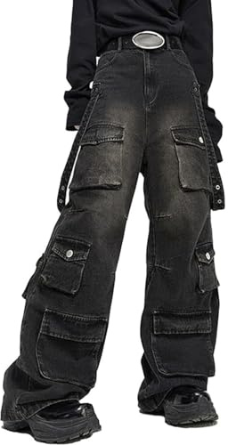FYHTC Jeans for Women Men Baggy Jeans Y2K Baggy Cargo Pants Grunge Parachute Pants Emo Alt Streetwear Hip Hop(Medium) Black