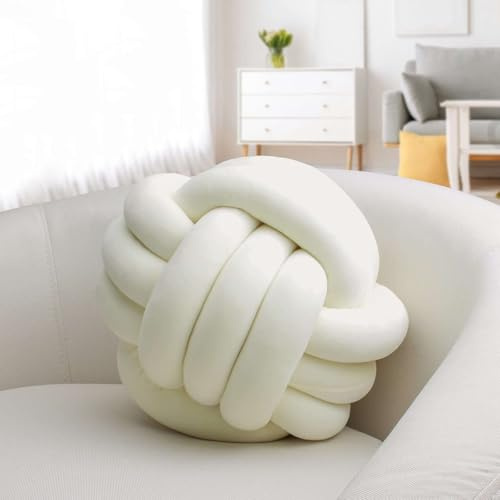 ARVIONA Soft Knot Ball Pillows， Round Ball Cushion Pillows, Kids Room Decoration Plush Pillow Girl Photography Props， Throw Knotted Pillow Handmade. (Beige 13,22cm)